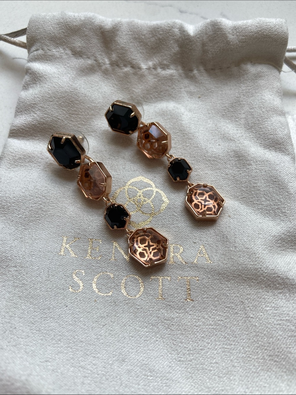 Kendra Scott Rose Gold Drop Earrings with Black and Blush Stones